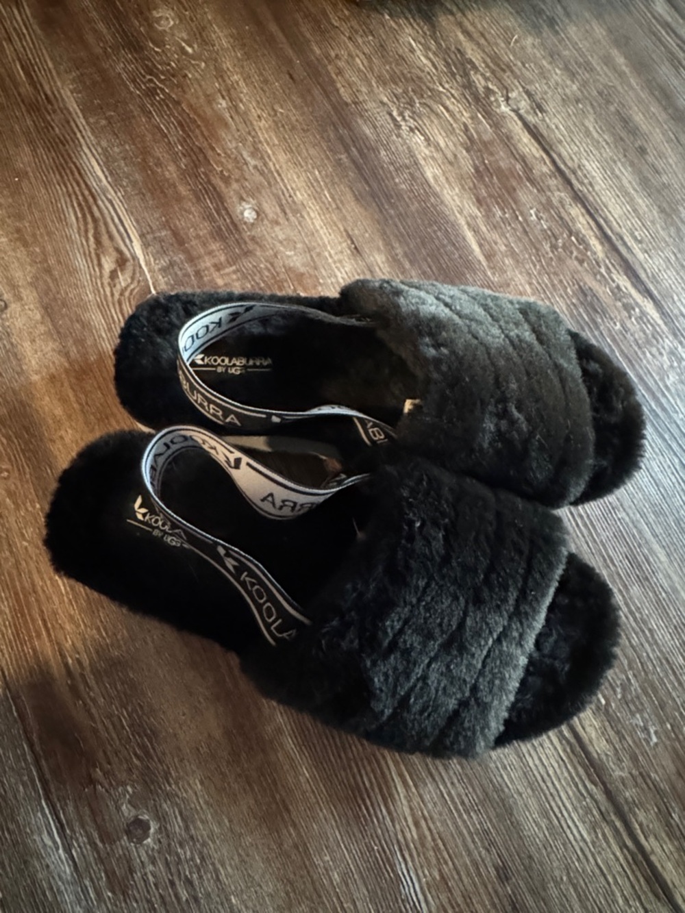 Koolaburra by UGG Black Fuzzy Slide Sandals with Branded Elastic Sling